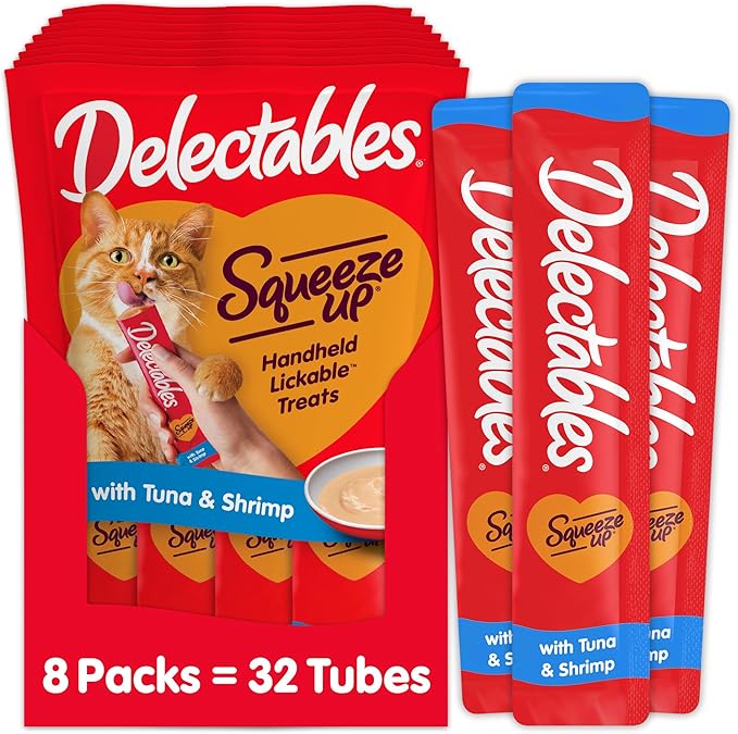 Delectables Squeeze Up Creamy Squeezable Puree, Lickable Wet Cat Treats, Grain Free, No Added Fillers, No By-Products, No Added Preservatives, 0.5 Ounces Tuna & Shrimp, 32 Tubes Total-Mewly Pet