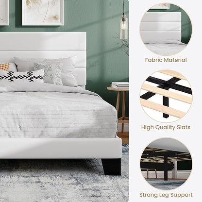 SHA CERLIN King Platform Bed Frame with Velvet Upholstered Headboard, Mattress Foundation with Strong Wooden Slats Support, No Box Spring Needed, White