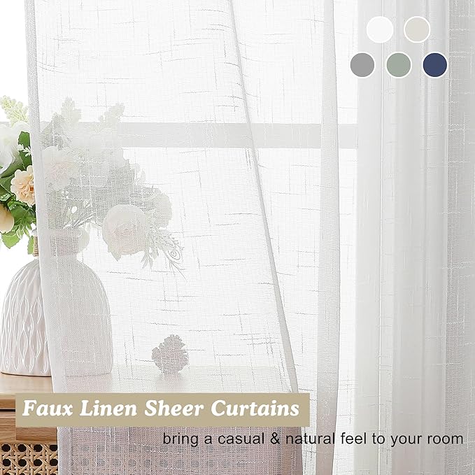 Aiyufeng White Sheer Curtains 72 inches Long 2 Panels, Fresh Textured Semi Sheer White Curtains Linen Breathable Elegant Door Curtains & Drapes for Farmhouse/Living Room/Kitchen, 40Wx72L inch