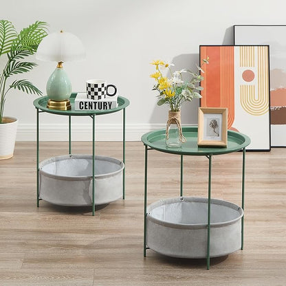 VECELO Round Side/End Table with Fabric Storage Basket，Metal Anti-Rust and Waterproof Small Bedside Nightstand with Removable Tray Top for Living Room，Balcony & Laundry，Dark Green /2pcs with Basket