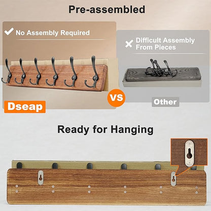 Dseap Coat Rack Wall Mounted - 24" Long 6 Tri Hooks, Heavy Duty Wooden Wall Coat Hanger Coat Hook for Clothes Hat Jacket Clothing, Natural and Black, Pack of 2