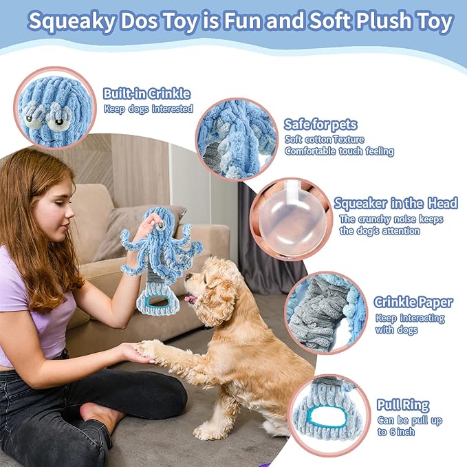 Squeaky Dog Toys for Large Dogs, Octopus Dog Toy Interactive Tug of War Dog Plush Toy to Keep Them Busy, Crinkle Dog Toy Plush Dog Toys (Blue)-Mewly Pet