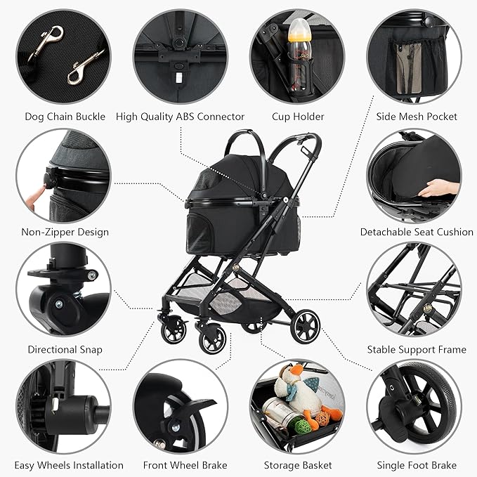 Kenyone 3-in-1 Pet Stroller for Small Medium Dogs Puppy Cat Stroller with Detachable Carrier & Pad Lightweight Foldable Aluminum Alloy Frame Dual No-Zip Entry(Black)-Mewly Pet