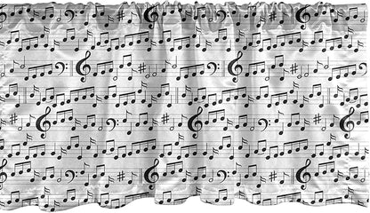 Ambesonne Music Window Valance Pack of 2, Abstract Style Professional Pattern Notes and Clef Sheet Play Writing Print, Rod Pocket Curtain Valances for Kitchen Bedroom, 54" X 12", Black White