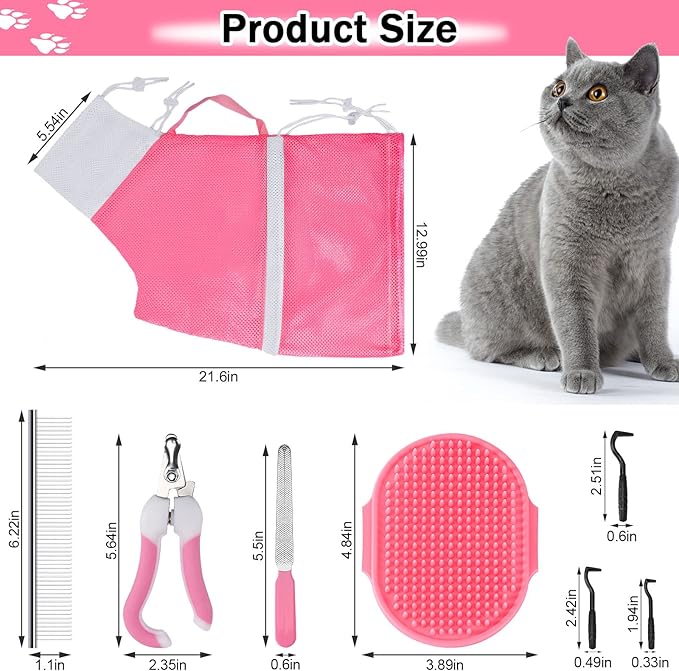 JULMELON Cat Washing Bag 10 PCS Set, Adjustable Cat Shower Net Bag and Pet Grooming Brush with Nail Clipper Nail File Hair Combs Tick Tool Nail Caps for Bathing Nail Trimming Examination(Pink+Grey)-Mewly Pet