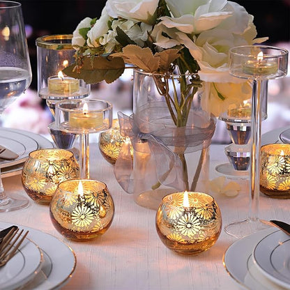 Gold Mercury Glass Votive Candle Holders Set of 12, Round Tealight Candle Holders Bulk for Table Centerpieces, Weddings, Shower Gifts, Christmas, Halloween Party Decorations
