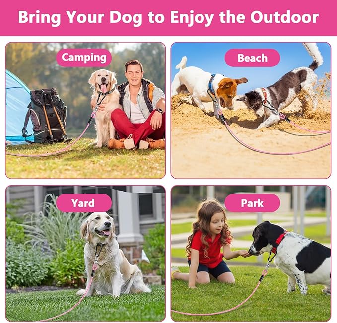 Dog Tie Out Cable 10FT-500Lbs,Heavy Duty Dog Leads&Tether for Yard with Swivel Hook,Small Large Dogs Leash Line for Outside,Rust Chew Proof Dogs Run Cable for Outdoor Camping(Pink, 10FT)-Mewly Pet