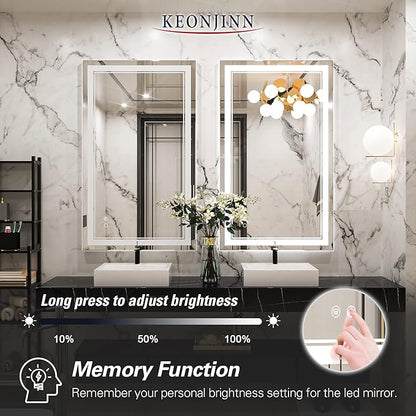 Keonjinn LED Bathroom Mirror with Lights, 40 x 24 Inch Front Lighted Vanity Mirror, HD Tempered Glass, UL-Listed LED Driver, Anti-Fog, 6000K Dimmale, Memory Function, Easy Installation