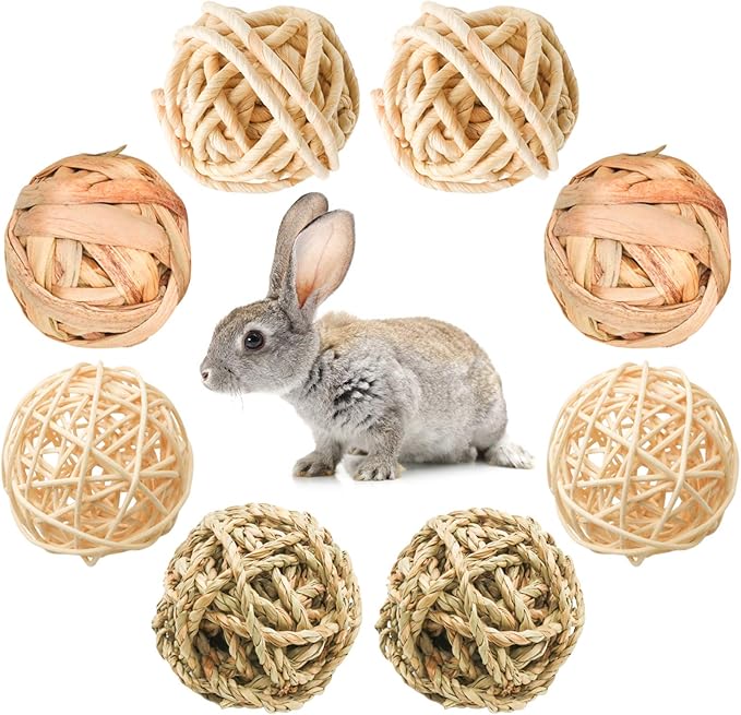 8 Pcs Small Animals Play Balls Rolling Activity Chew Toys Gnawing Treats for Rabbits Guinea Pigs Chinchilla Bunny Natural Balls, Pet Cage Entertainment Accessories (8Pcs)-Mewly Pet
