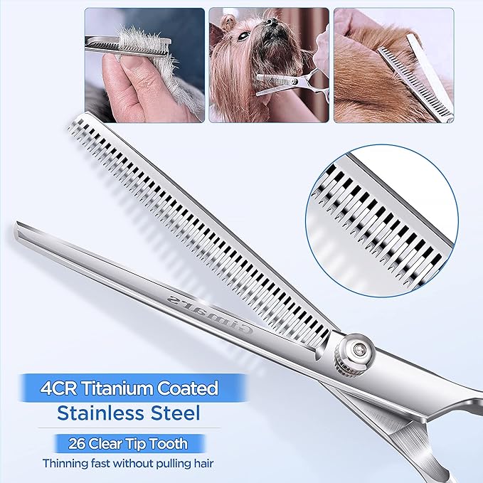 Gimars 7.0in Professional 4CR Stainless Steel Safety Round Tip 6 in 1 Dog Grooming Scissors Heavy Duty Titanium Coated Pet Grooming Scissor for Dogs, Cats and Other Animals-Mewly Pet