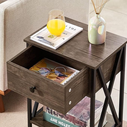 VECELO Nightstands Set of 2, Modern Bedside End Tables, Night Stands with Drawer and Storage Shelf for Living Room Bedroom, Industrial Metal Frame