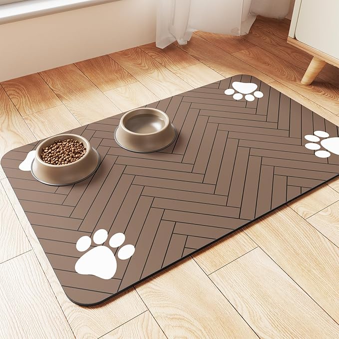 Pet Feeding Mat-Absorbent Pet Placemat for Food and Water Bowl, with Waterproof Rubber Backing, Quick Dry Water Dispenser Mat for Dog and Cat (17"x27", Coffee)-Mewly Pet