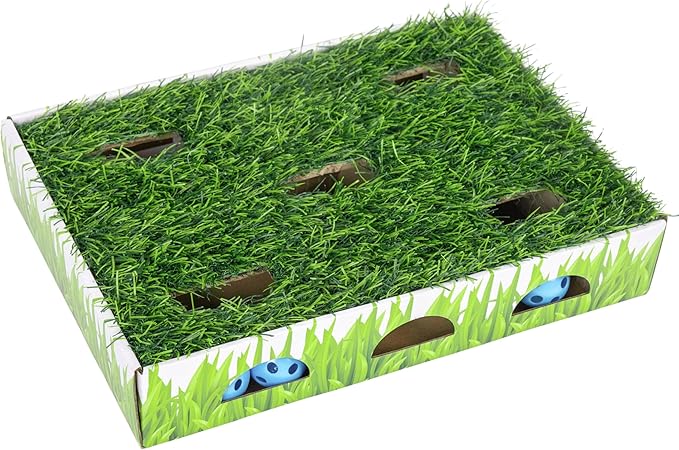 Catstages Grass Patch Hunting Box Interactive Bat & Swat Game for Indoor Cats, 3 Jingle Balls Included, Green-Mewly Pet