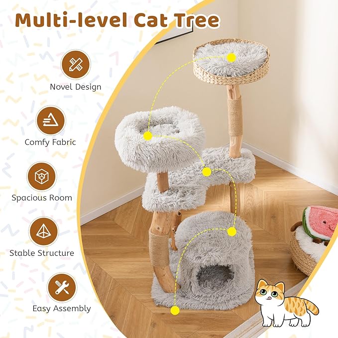 Tangkula Cat Tree Tower, Solid Wood Modern Cat Tower with Top Cattail Basket Bed, Side Perch, Large Platform & Cat Condo, Cute Cat Tree with Scratching Posts for Indoor Cats Large Adult-Mewly Pet