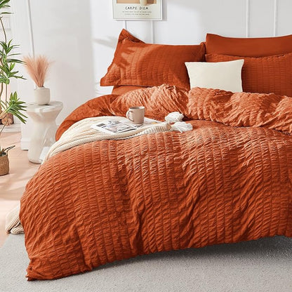 HYMOKEGE Burnt Orange Full Size Comforter Sets Seersucker 7 Pieces, All Season Luxury Bed in a Bag for Bedroom, Bedding Set with Comforters, Sheets, Pillowcases & Shams