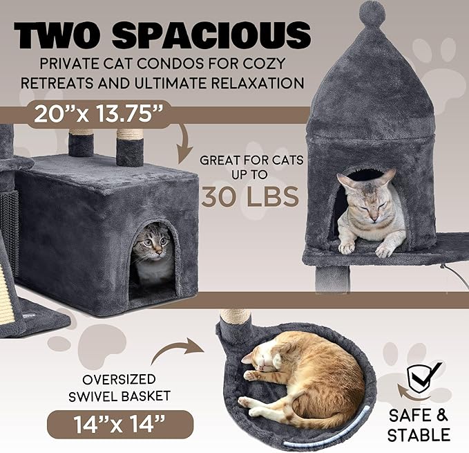 Large Cat Tree Tower for Large Cats, Cat Scratching Post, Self Grooming Post, Interactive Cat Toys, Oversized Perch and Basket, Heavy Duty 72", Dark Grey-Mewly Pet