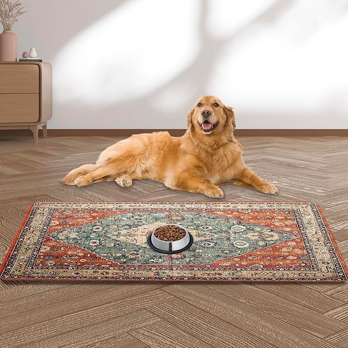 Large Pet Feeding Mat, 15.7" x 39.3" Bohemia Absorbent Quick Dry Dog Mat for Food and Water Bowl, Non Skid Cat Bowl Mat, No Stains for Pet Water Dispenser Pet Supplies for Messy Drinkers-Mewly Pet