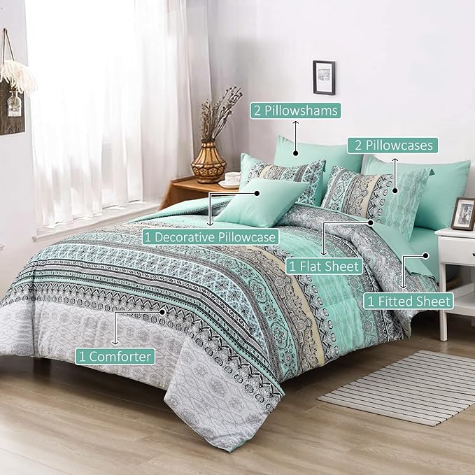 Cottolester Boho Comforter Set King Size,8 Piece Bed in a Bag Sage Green Paisley Comforter and Sheet Set,Striped Bedding Set Soft Microfiber Complete Bedding Set