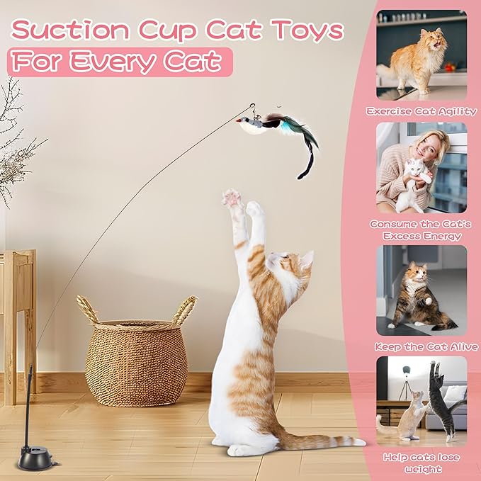 Interactive Bird Simulation Cat Toy Set,Cat Wand Toys,Wand Self-Holding Suction Cups Base,Include Detachable 6 Pcs Replacements Feathers Toys-Mewly Pet