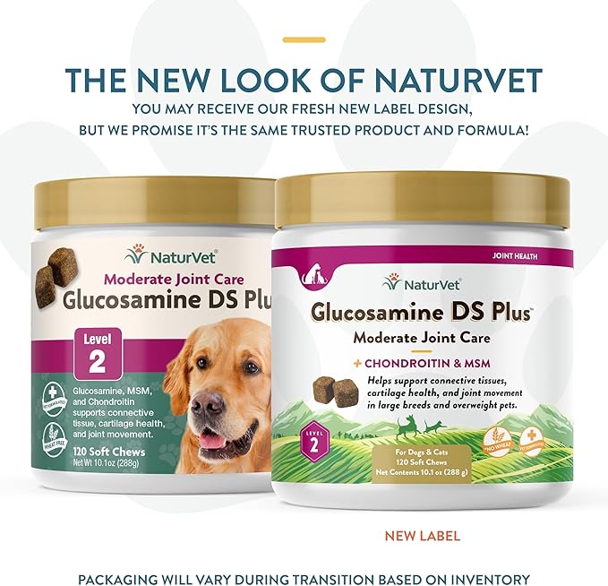 NaturVet – Glucosamine DS Plus - Level 2 Moderate Care – Supports Healthy Hip & Joint Function – Enhanced with Glucosamine, MSM & Chondroitin – for Dogs & Cats–120 Soft Chews-Mewly Pet