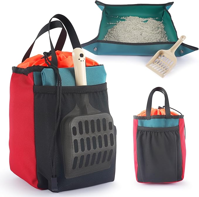 Travel Litter Box for Cats (3in1 Kit) – Foldable Litterbox + Litter Bag + Scooper (Portable Litter Box for Cat Traveling) Collapsible Litterbox for Car Travel with Cat, Camping, Plane-Mewly Pet