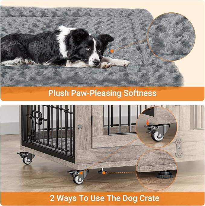 Lulive Dog Crate Furniture Set of 2, Dog Kennel Indoor Double Doors Wooden Dog Cage, 32'' Heavy Duty Dog Crate with Cushion & Wheels, End Table Pet House Chew-Resistant Up to 45 lb, Grey-Mewly Pet