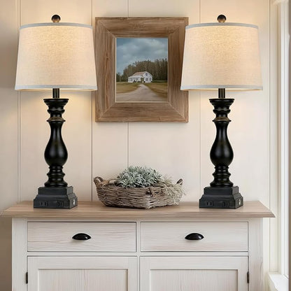 28" Farmhouse Table Lamps Set of 2 with USB C+A Ports and AC Outlet, 3 Way Touch Tall Vintage Bedside Lamp for Living Room, Black Rustic Nightstand Lamp for Bedroom Office