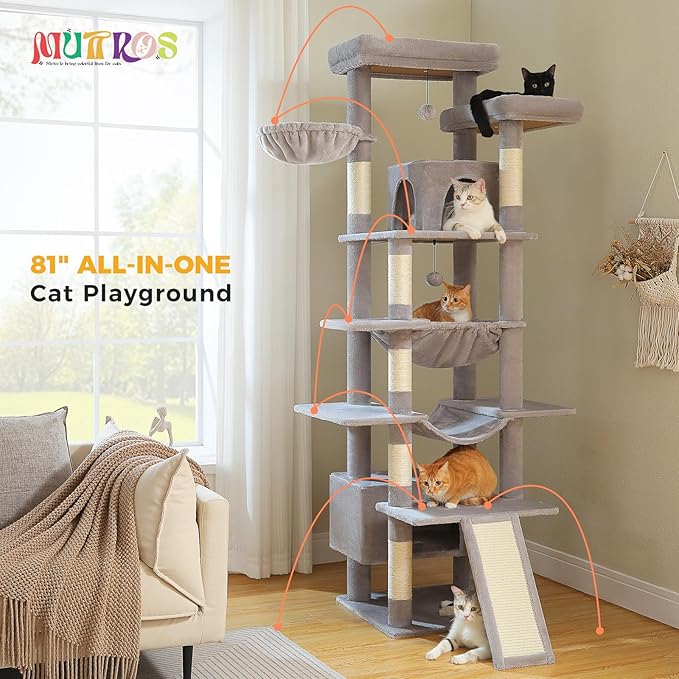 81" Heavy Duty Cat Tree for Large Cats up to 20lbs - Extra Tall Cat Tower with Metal Frame Hammock, 6 Sisal Scratching Posts, 2 Perches - Indoor Cat Furniture for Maine Coon, Big Cats, Gray-Mewly Pet