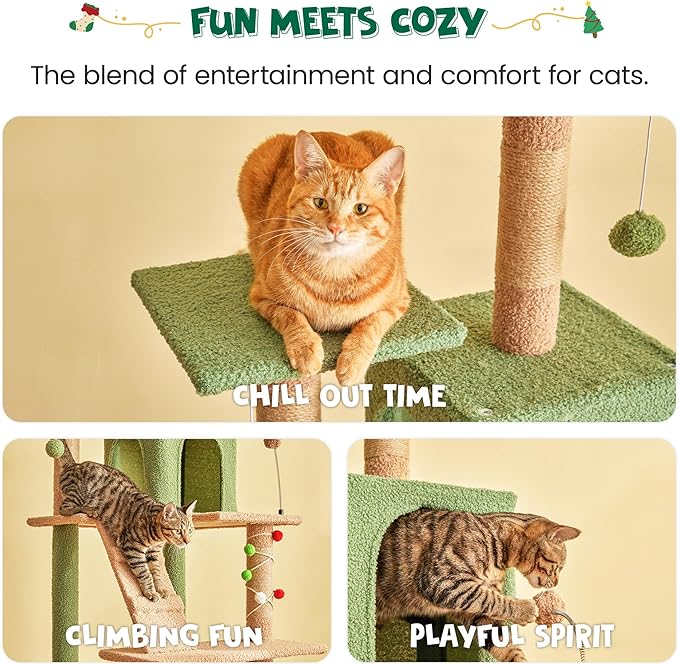 MWPO 63.8 Inches Green Cat Tree for Indoor Cats, Multi-Level Cat Tower with Sisal-Covered Scratching Posts, Padded Platform, Hammock, Dangling Toys, Stable Cat Condo Pet Play House-Mewly Pet