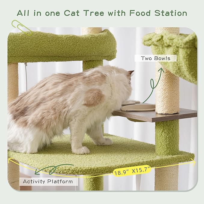 Cat Tree with Tunnel, Cat Tower for Indoor Cats, Tall Cactus Cat Tree Tower with Cat Condo, Food Station, Large Platform, Scratching Posts, Hammock, Green and Yellow GCT021GY-Mewly Pet