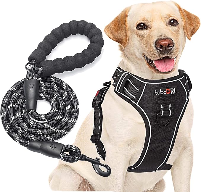 No Pull Dog Harness Adjustable Reflective Oxford Easy Control Medium Large Dog Harness with A Free Heavy Duty 5ft Dog Leash (XL (Neck: 21.5"-33", Chest: 30"-39.5"), Black Harness+Leash)-Mewly Pet