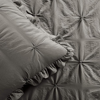 Lush Decor Ravello Pintuck Ruffle Skirt Bedspread Set - Luxe 3 Piece Ruffled Bedding Set - Traditional Glam & Farmhouse Inspired Bedroom Decor - King, Dark Gray