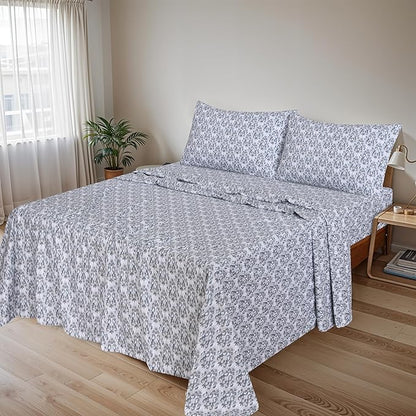RUVANTI Flannel Sheets Queen Size - 100% Cotton Double Brushed Bed Sheets, Deep Pockets 16 Inches Queen Sheet Set, All Seasons Breathable & Extra Soft - Warm & Cozy, 4 Piece, Damask