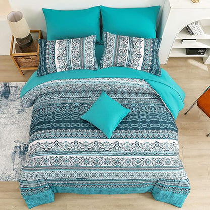 Cottolester Boho Full Size Comforter Set 8 Pieces, Teal Comforter Bohemian Striped Bed in A Bag, Soft Microfiber Bedding Set for All Seasons