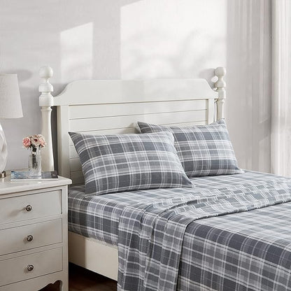 Laura Ashley - Flannel Sheets Full Size, Anti-Pilling & Wrinkle Resistant Cotton, Touchably Soft for All-Season Comfort - Bed Sheets with Matching Pillowcases & Fitted Sheet (Mulholland Plaid Grey)