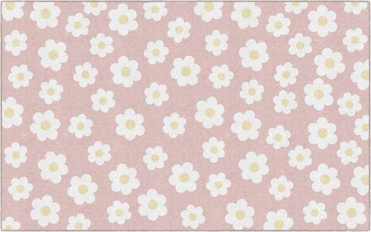 Flagship Carpets Schoolgirl Style Retro Daisies on Pink Educational Area Rug for Kids Room Seating Décor, Children's Classroom, Play Carpet for Teaching and Playroom, 7'6 "x 12'
