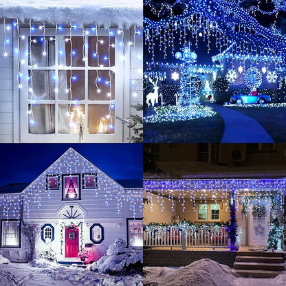 Toodour White & Blue Christmas Icicle Lights, 29.5ft 360 LED Icicle Lights, 8 Modes, 60 Drops, Window Curtain Led Christmas Light, Icicle Twinkle Light for Eaves, Party, Wedding, Xmas Decorations