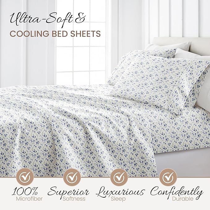 Linen Market Double-Brushed Patterned Microfiber Full Sheet Set 4 Piece – Oeko-TEX Certified Ultra Soft & Wrinkle-Free - 16" Deep Pocket Sheets - Easy Care Full Size - Blossoms Light Blue