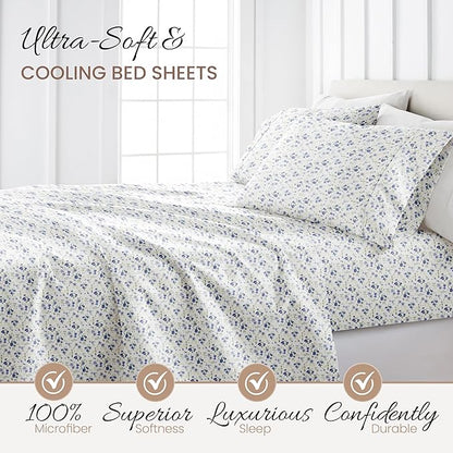 Linen Market Double-Brushed Patterned Microfiber Full Sheet Set 4 Piece – Oeko-TEX Certified Ultra Soft & Wrinkle-Free - 16" Deep Pocket Sheets - Easy Care Full Size - Blossoms Light Blue