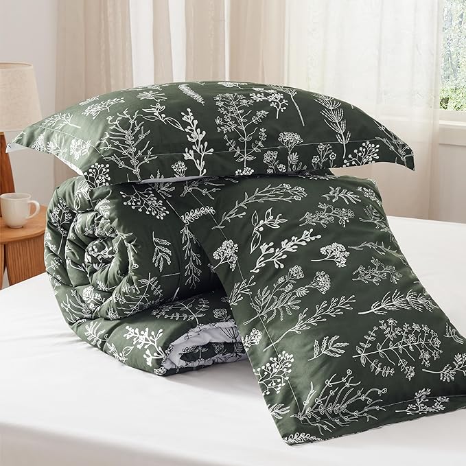 Bedsure Queen Comforter Set - Dark Olive Green Bed Set, 3 Pieces Cute Floral Bedding, 1 Soft Reversible Botanical Flowers Comforter and 2 Pillow Shams