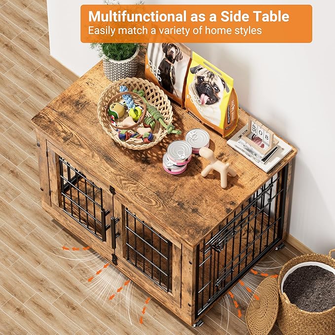 Lulive Dog Crate Furniture Set of 2, Dog Kennel Indoor Double Doors Wooden Dog Cage, 32'' Heavy Duty Dog Crate with Cushion & Wheels, End Table Pet House Chew-Resistant Up to 45 lb, Rustic Brown-Mewly Pet