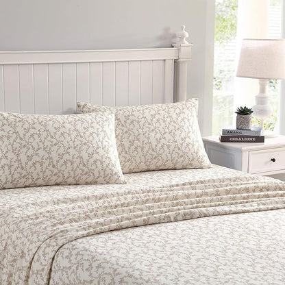Laura Ashley - Flannel Sheets King Size, Anti-Pilling & Wrinkle Resistant Cotton, Touchably Soft for All-Season Comfort - Bed Sheets with Matching Pillowcases & Fitted Sheet (Victoria Beige)