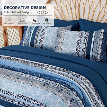 Boho Comforter Set Queen Size,8 Pieces Navy Blue Bohemian Striped Bed in a Bag,Paisley Soft Microfiber Bedding Comforter Set