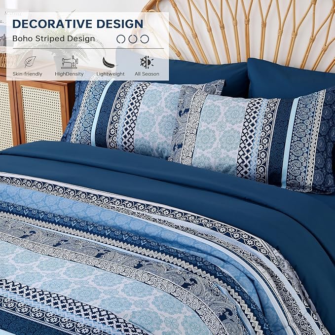 Boho Comforter Set Full Size,8 Pieces Navy Blue Bohemian Striped Bed in a Bag,Paisley Soft Microfiber Bedding Comforter Set