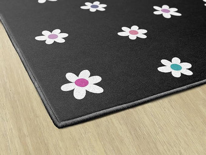 Flagship Carpets Schoolgirl Style Small Daisies on Black Educational Area Rug for Kids Room Seating Décor, Children's Classroom, Play Carpet for Teaching and Playroom, 7'6 "x 12'
