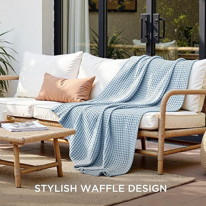 Bedsure Cooling Cotton Waffle Twin XL Blanket - Lightweight Breathable Blanket of Rayon Derived from Bamboo for Hot Sleepers, Luxury Throws for Bed, Couch and Sofa, Blue, 66x90 Inches