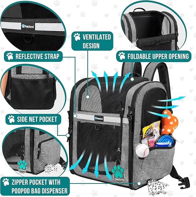 PetAmi Dog Backpack Carrier for Small Large Cat, Pet, Puppies, Ventilated Pet Hiking Backpack Travel Bag, Airline Approved Cat Backpack Carrier, Safety Back Support, Camping Biking, Max 18 lbs, Grey-Mewly Pet