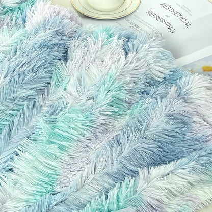 Tuddrom Decorative Extra Soft Faux Fur Throw Blanket,Solid Reversible Fuzzy Lightweight Long Hair Shaggy Blanket,Fluffy Cozy Plush Fleece Comfy Microfiber Fur Blanket for Couch Sofa Bed,Tie Dye Blue