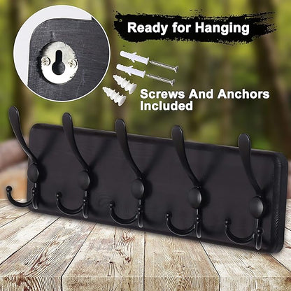 Dseap Coat Rack Wall Mounted - 5 Tri Hooks, Heavy Duty, Wooden Wall Coat Hanger Coat Hook for Clothes Hat Jacket Clothing, Black, Pack of 2