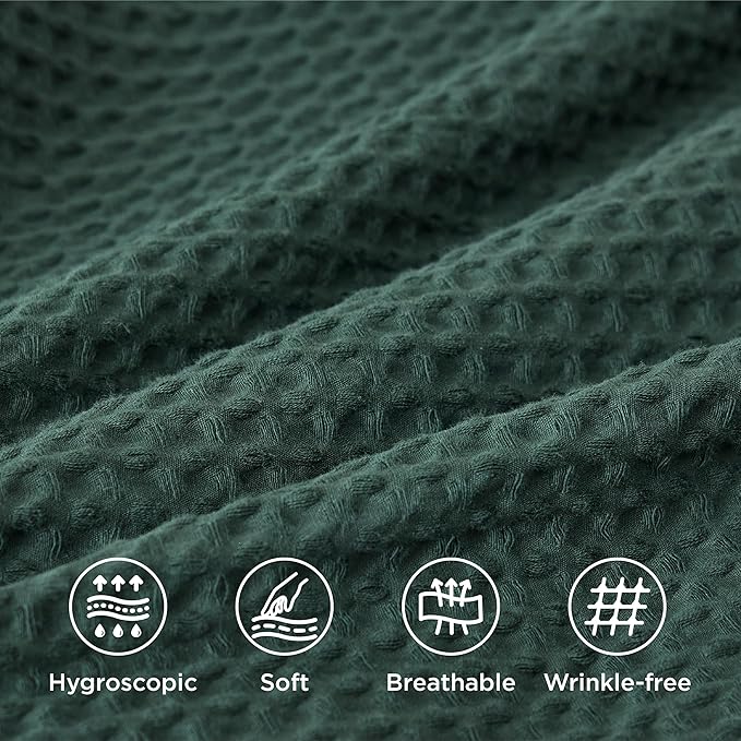 Bedsure Cotton Duvet Cover Queen - 100% Cotton Waffle Weave Forest Green Duvet Cover Queen Size, GentleSoft™ and Breathable Bedding Set for All Season, 3 Pieces, 90"x90"